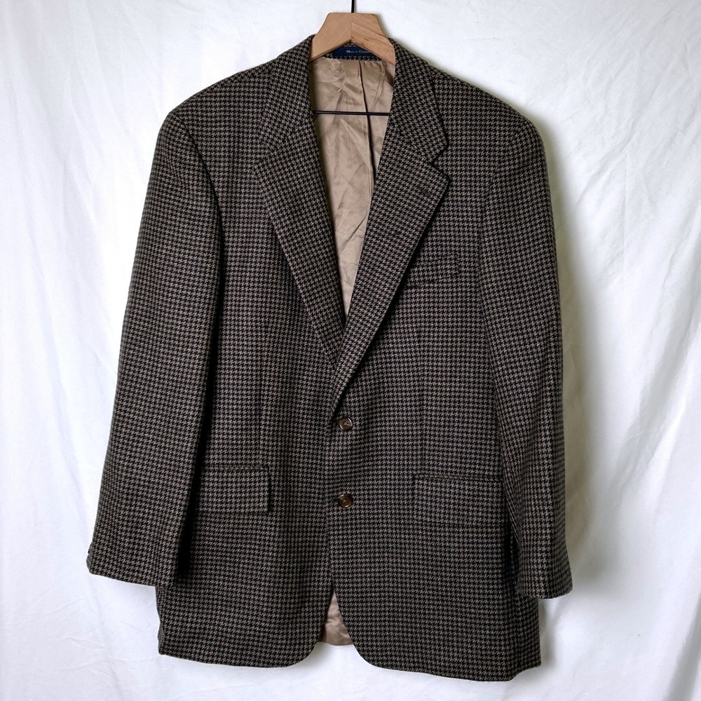 Chaps Ralph Lauren Mens Wool Houndstooth Sport Coat Blazer Size 42R Tan Navy